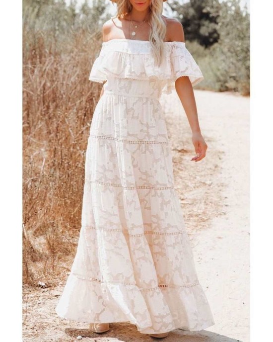 White Off-the-shoulder Ruffled Lace Maxi Dress