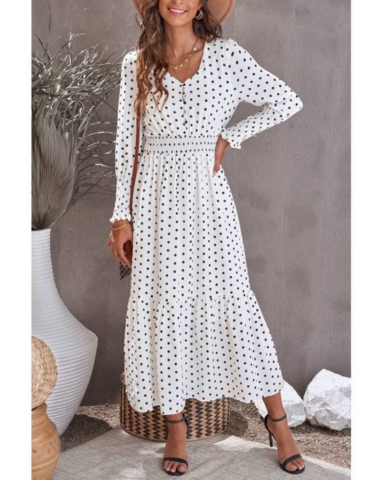 White V Neck Lantern Sleeve Elastic Waist Polka Dot Dress - from category Maxi Dresses