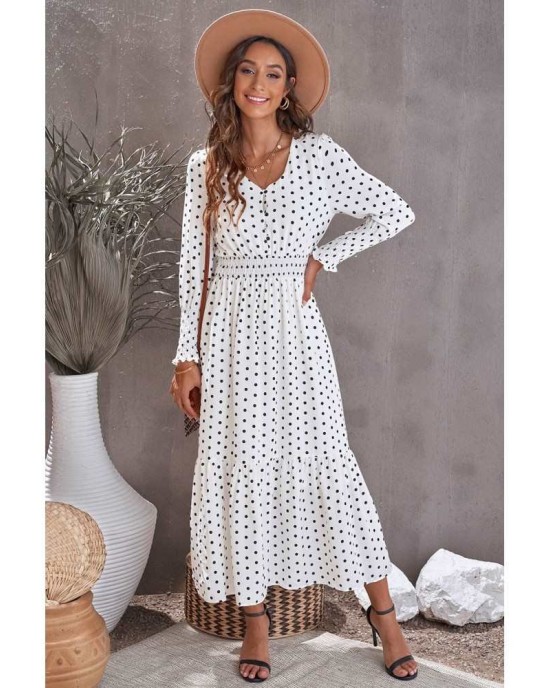 White V Neck Lantern Sleeve Elastic Waist Polka Dot Dress - from category Maxi Dresses