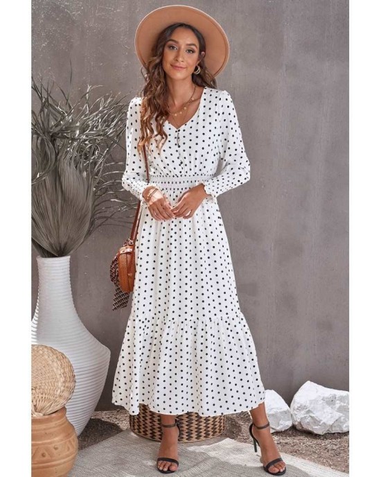 White V Neck Lantern Sleeve Elastic Waist Polka Dot Dress - from category Maxi Dresses