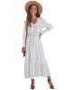 White V Neck Lantern Sleeve Elastic Waist Polka Dot Dress - from category Maxi Dresses