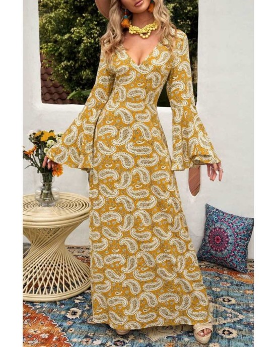 Yellow Bohemian V Neck Bell Sleeves Paisley Print Maxi Dress - from category Maxi Dresses