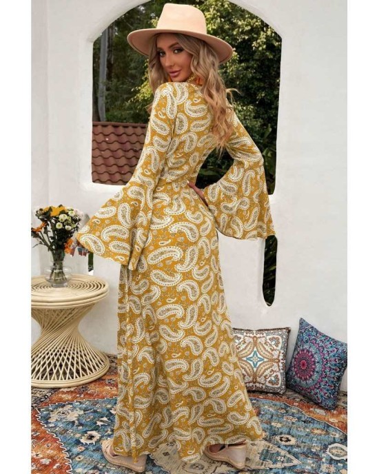 Yellow Bohemian V Neck Bell Sleeves Paisley Print Maxi Dress - from category Maxi Dresses