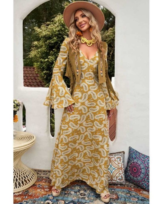 Yellow Bohemian V Neck Bell Sleeves Paisley Print Maxi Dress - from category Maxi Dresses