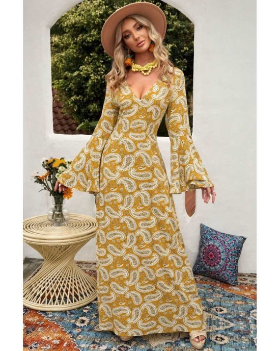 Yellow Bohemian V Neck Bell Sleeves Paisley Print Maxi Dress - from category Maxi Dresses