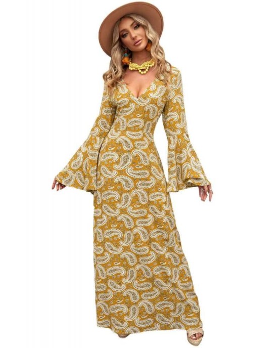 Yellow Bohemian V Neck Bell Sleeves Paisley Print Maxi Dress - from category Maxi Dresses