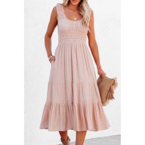 Smocked Ruched Sleeveless High Waist Midi Dress