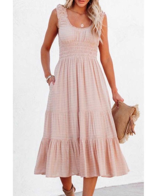 Smocked Ruched Sleeveless High Waist Midi Dress