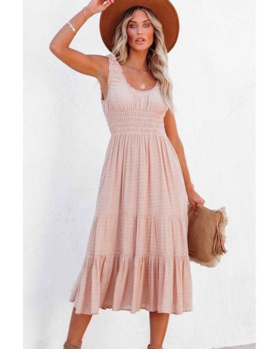 Smocked Ruched Sleeveless High Waist Midi Dress