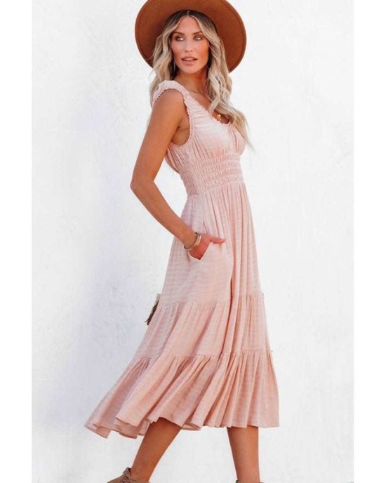 Smocked Ruched Sleeveless High Waist Midi Dress