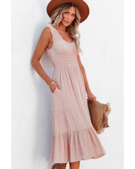 Smocked Ruched Sleeveless High Waist Midi Dress