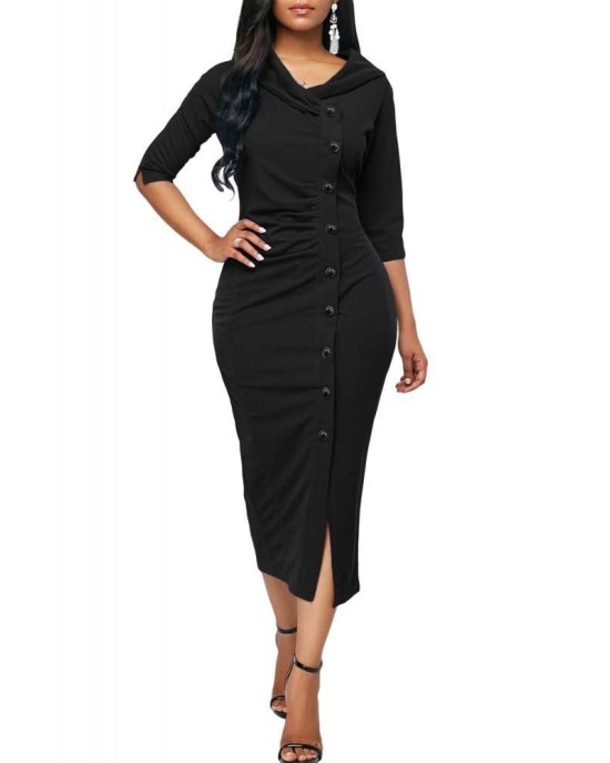  Button Up Front Slit Sheath Midi Dress