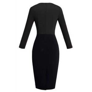 Contrast Waist Long Sleeve Sheath Dress