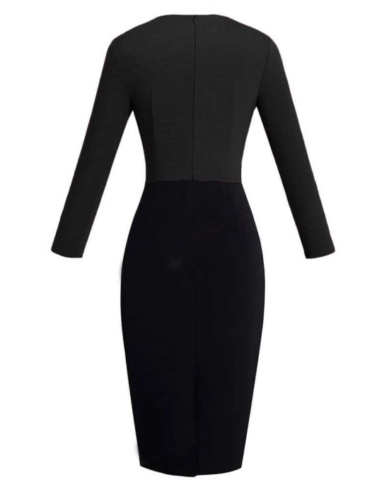 Contrast Waist Long Sleeve Sheath Dress