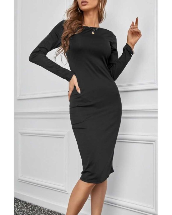 Black Long Sleeve Zip Open Back Pencil Bodycon Midi Dress