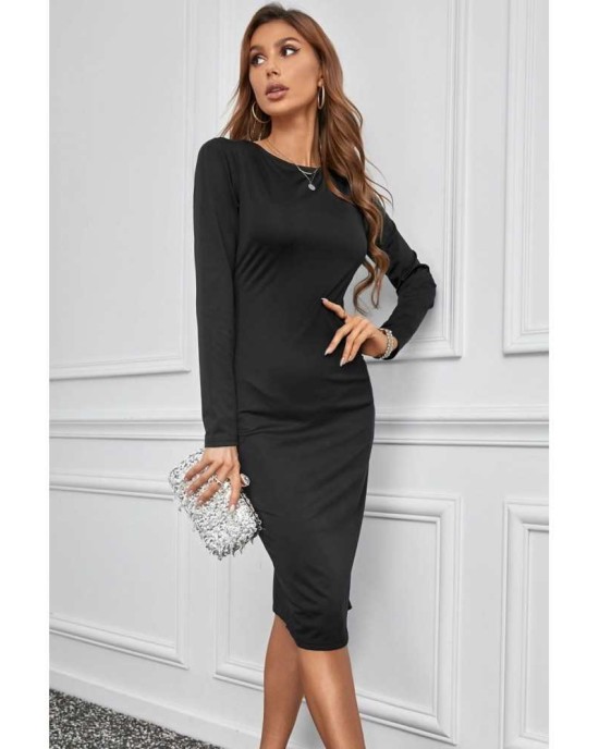 Black Long Sleeve Zip Open Back Pencil Bodycon Midi Dress