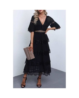 Black Swiss Dot Print See-through Lace Patch Layered Long Dress - from category Midi Dresses