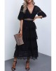 Black Swiss Dot Print See-through Lace Patch Layered Long Dress - from category Midi Dresses