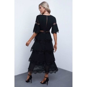 Black Swiss Dot Print See-through Lace Patch Layered Long Dress - from category Midi Dresses