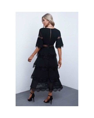 Black Swiss Dot Print See-through Lace Patch Layered Long Dress - from category Midi Dresses