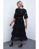 Black Swiss Dot Print See-through Lace Patch Layered Long Dress - from category Midi Dresses