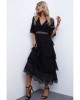 Black Swiss Dot Print See-through Lace Patch Layered Long Dress - from category Midi Dresses