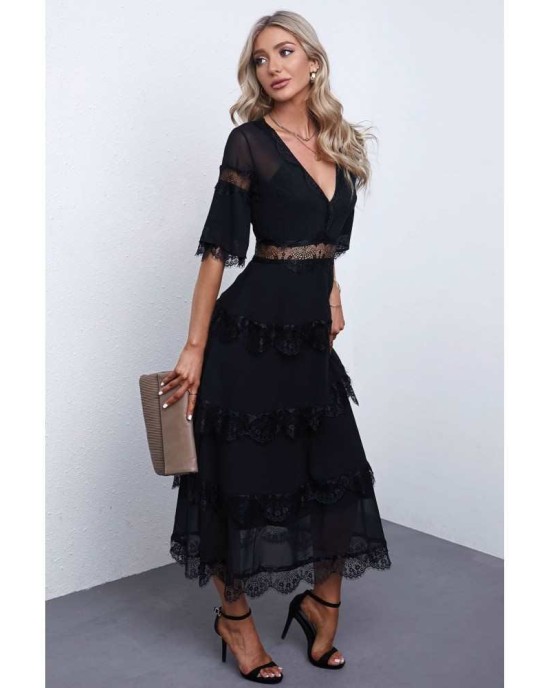 Black Swiss Dot Print See-through Lace Patch Layered Long Dress - from category Midi Dresses