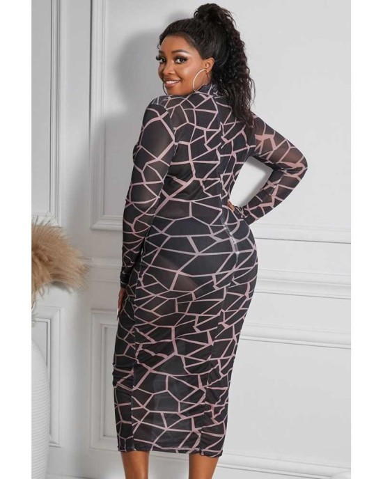 Geometric Print See-through Mesh Plus Size Midi Dress - from category Midi Dresses