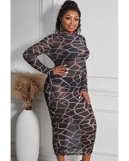 Geometric Print See-through Mesh Plus Size Midi Dress - from category Midi Dresses