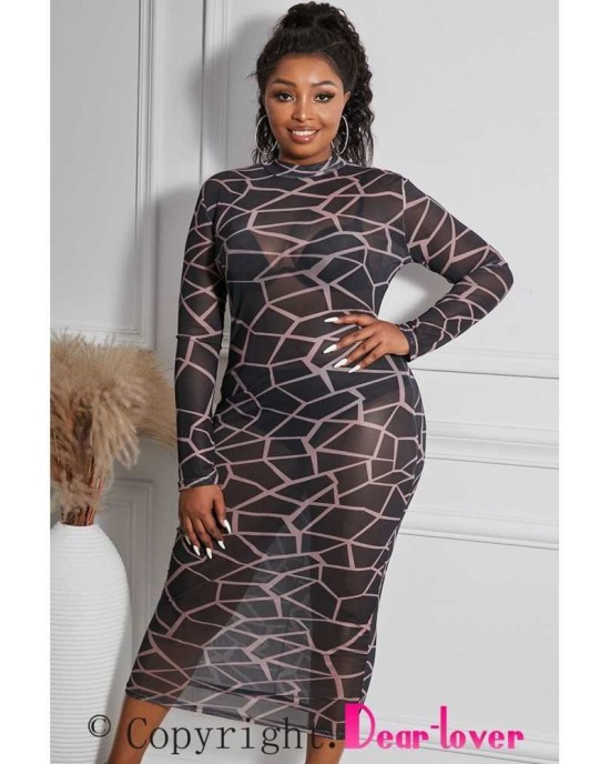 Geometric Print See-through Mesh Plus Size Midi Dress - from category Midi Dresses