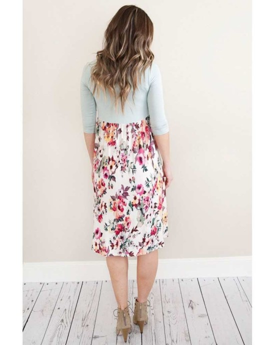 Grey Solid Bodice Floral Bottom Midi Dress - from category Midi Dresses