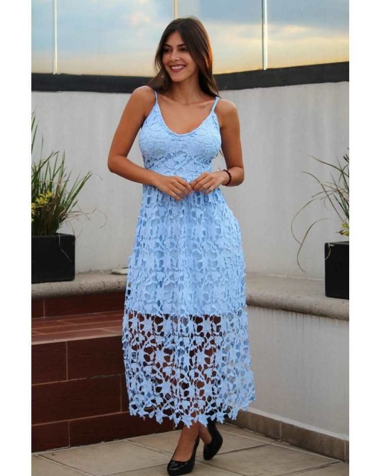 Light Blue Spaghetti Strap V-Neck Lace Midi Dress - from category Midi Dresses