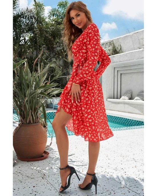 Red Long Sleeve Surplice V Neck Printed Midi Dress with Sash - from category Midi Dresses