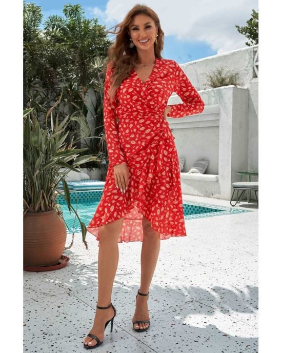 Red Long Sleeve Surplice V Neck Printed Midi Dress with Sash - from category Midi Dresses