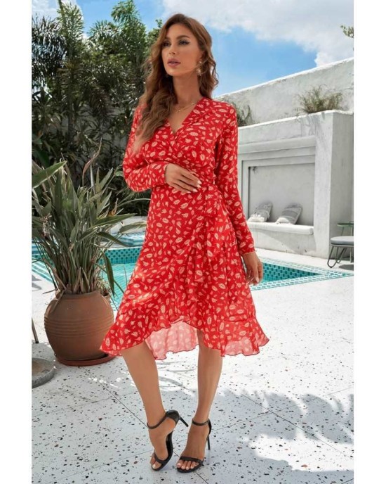 Red Long Sleeve Surplice V Neck Printed Midi Dress with Sash - from category Midi Dresses