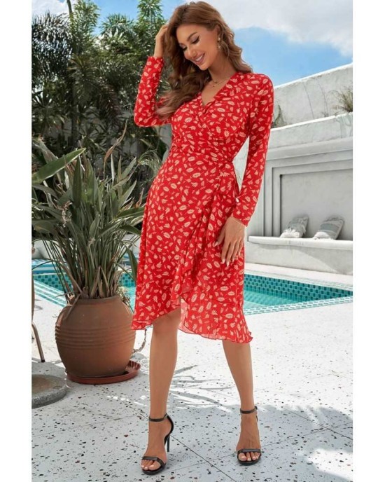 Red Long Sleeve Surplice V Neck Printed Midi Dress with Sash - from category Midi Dresses