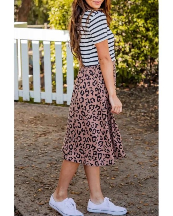 Striped Brown Leopard Print Swing Dress - from category Midi Dresses