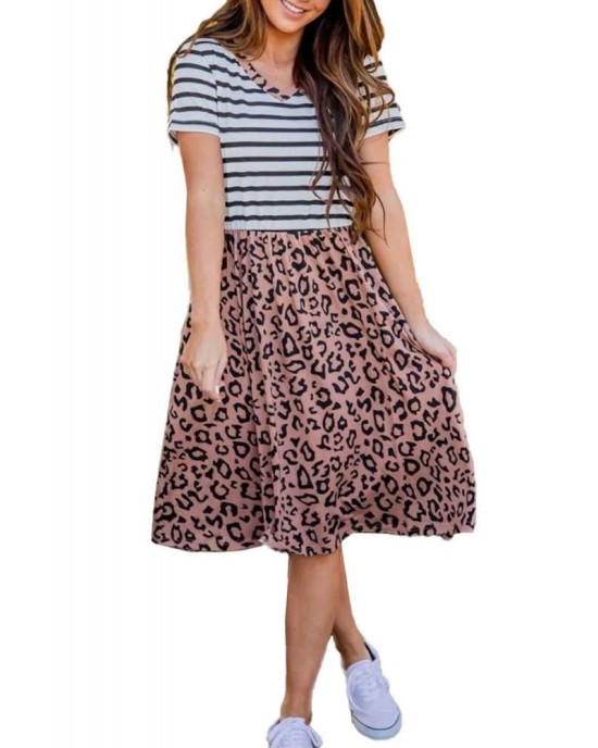 Striped Brown Leopard Print Swing Dress - from category Midi Dresses