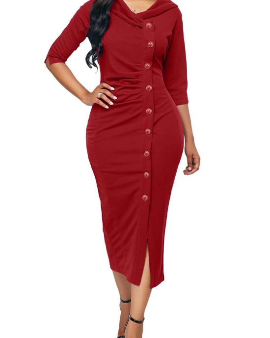  Button Up Front Slit Sheath Midi Dress