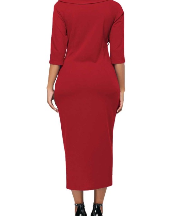  Button Up Front Slit Sheath Midi Dress